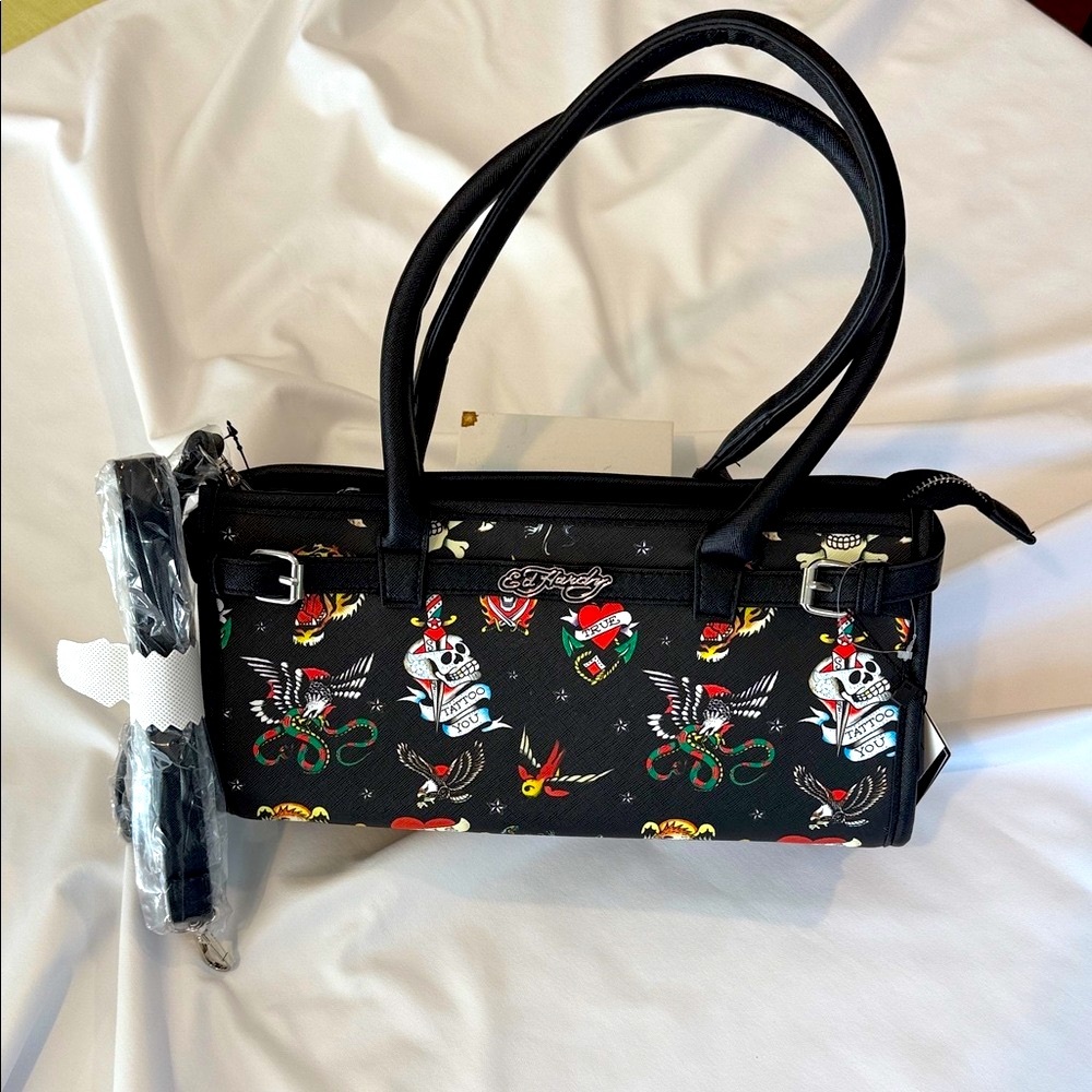 Ed Hardy Black Shoulder Bag and crossbody bag with Colorful Tattoo Designs